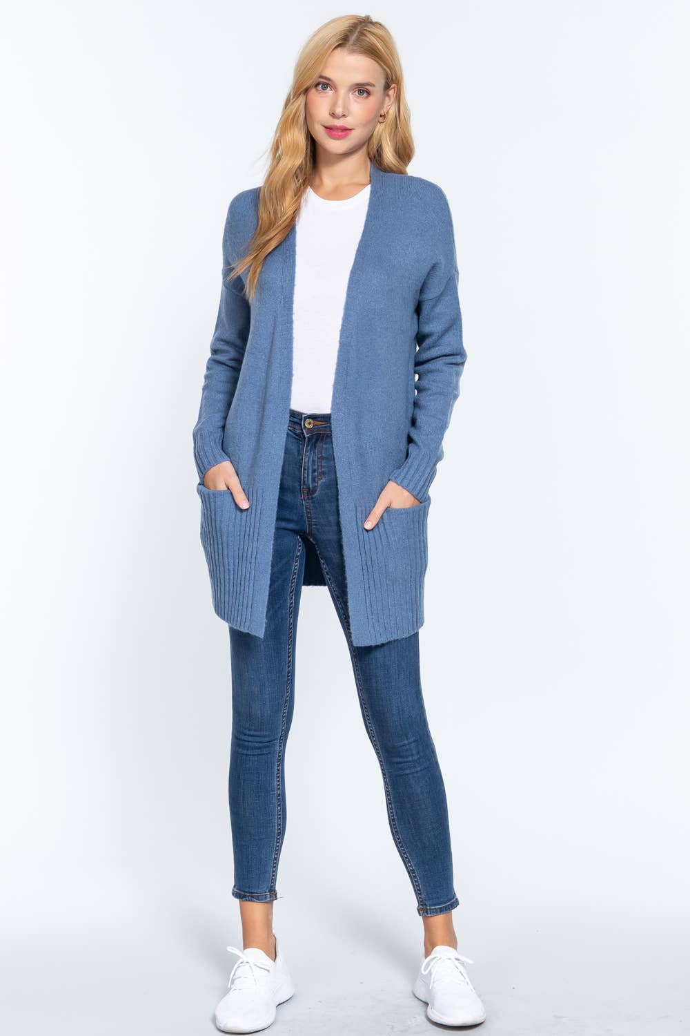 Long Sleeve Open Front with Pocket Sweater Cardigan (black & classic blue)