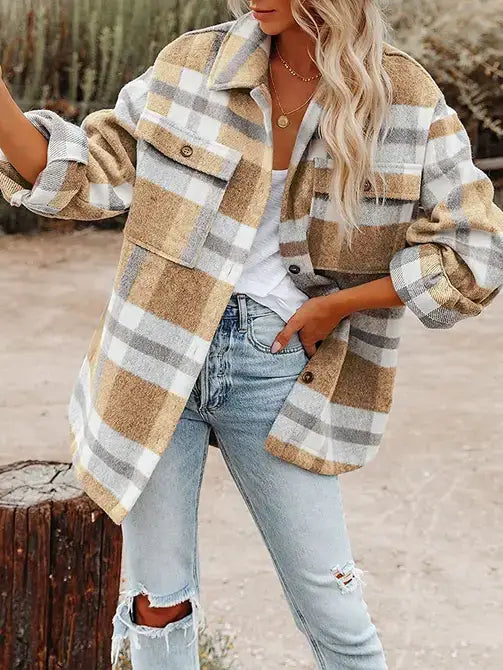 Plaid Button Flannel Shirt Jacket (black & white)