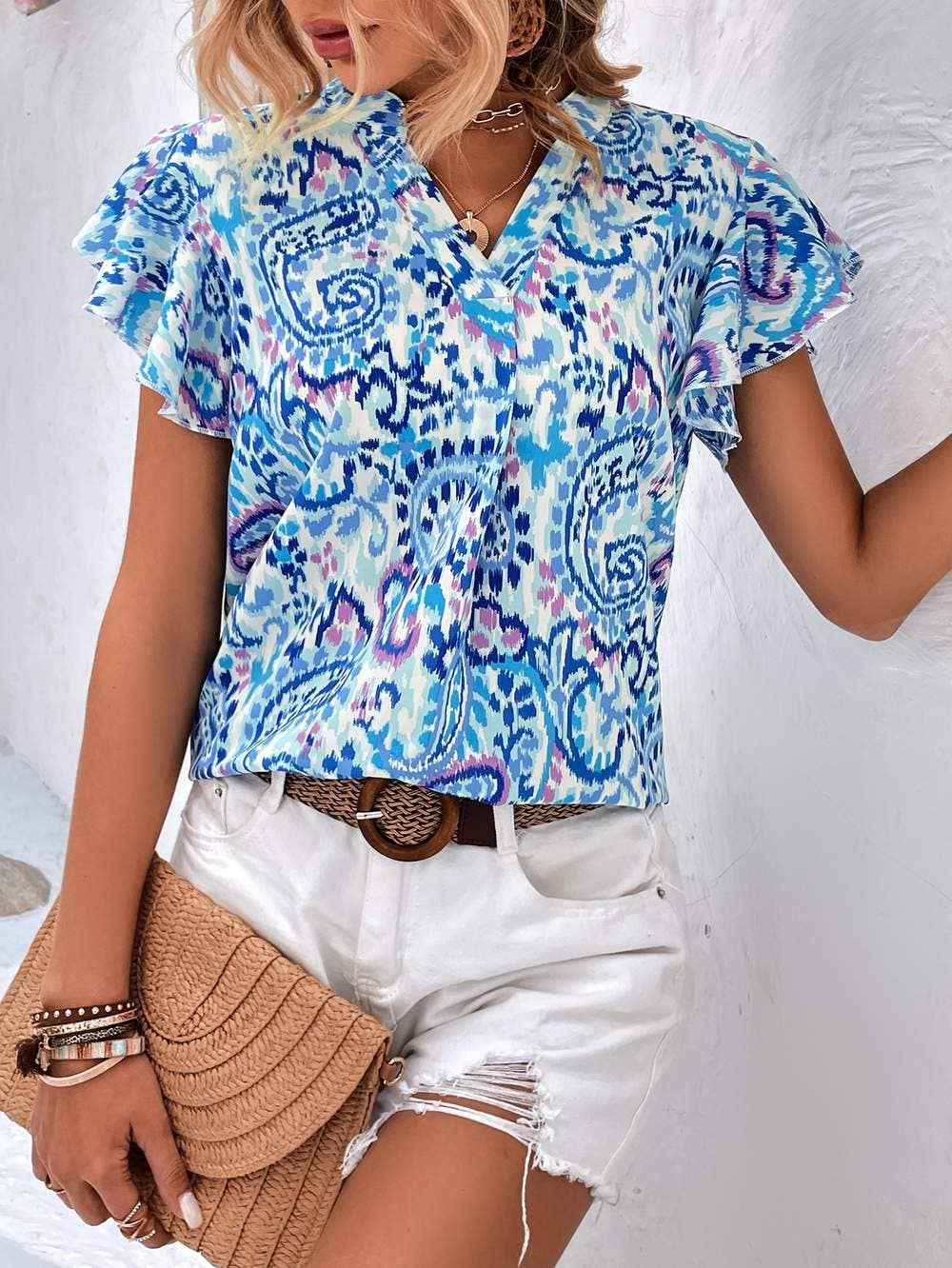 Vcay paisley print butterfly sleeve blouse