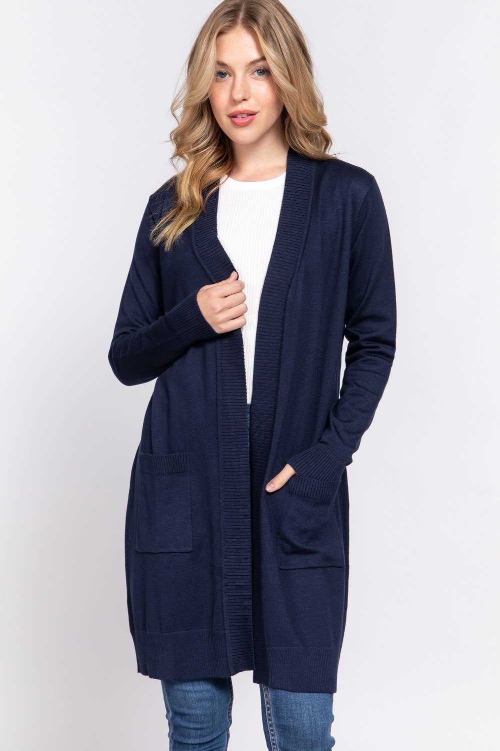 Long Sleeve Rib Banded Open Tunic Sweater Cardigan (teal blue)