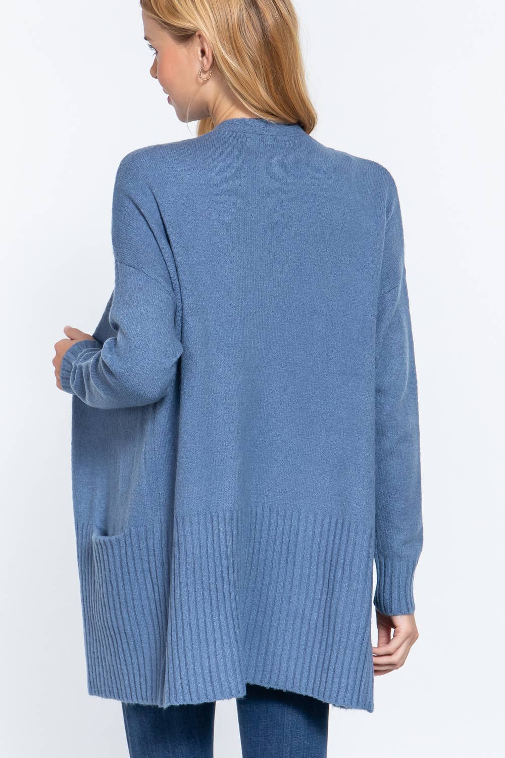 Long Sleeve Open Front with Pocket Sweater Cardigan (black & classic blue)