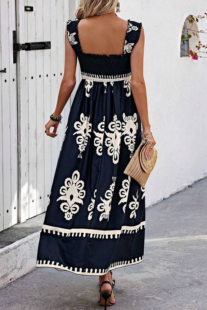 Beach Resort Style Printed Bandeau Maxi Dress (Black & White)