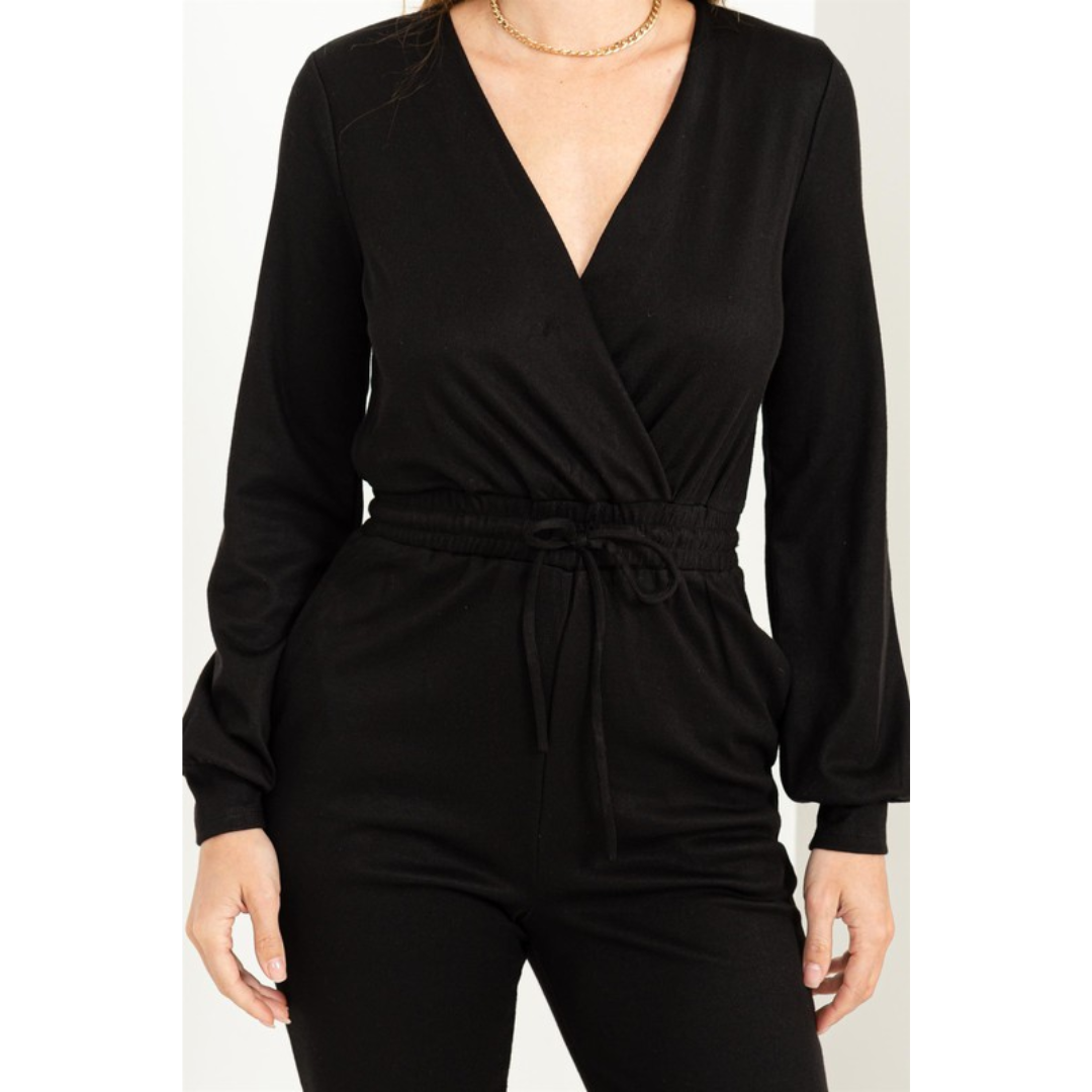 Knit Long Sleeve Jumpsuit with Tie Waist