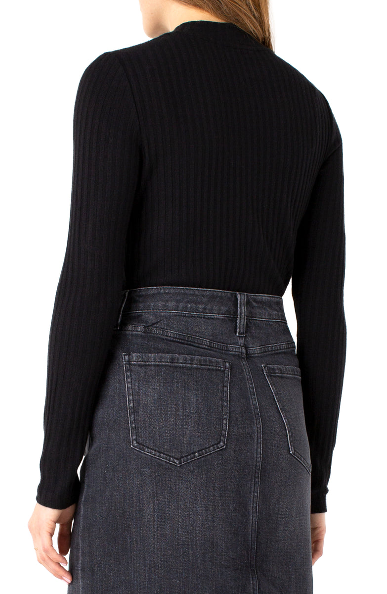 Liverpool Mock Neck Long Sleeve Rib Knit Top (Black)