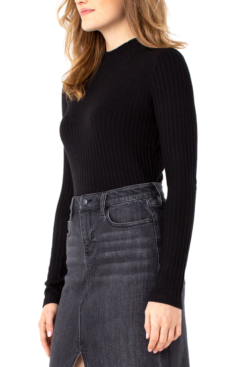 Liverpool Mock Neck Long Sleeve Rib Knit Top (Black)
