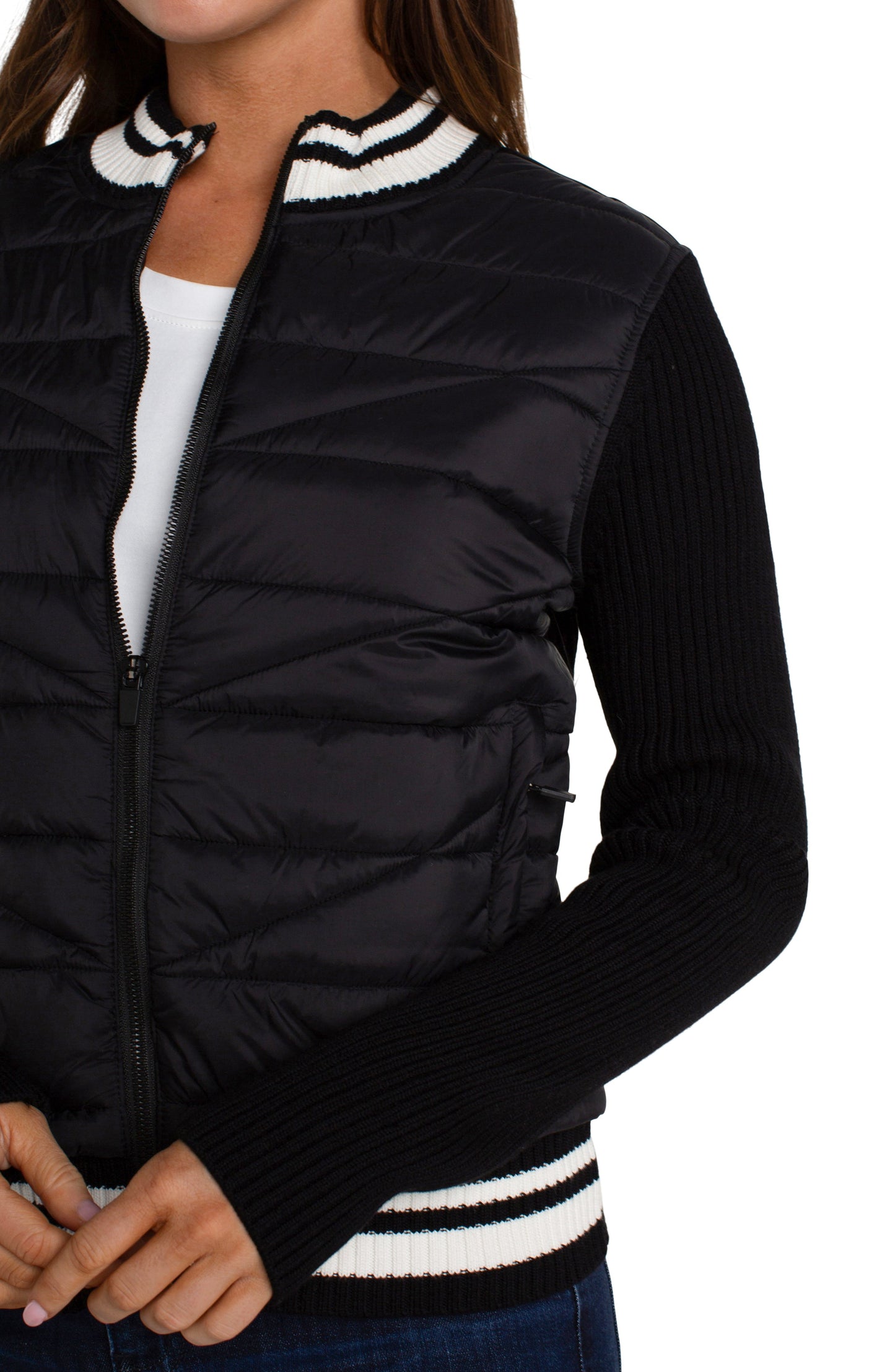 Liverpool Quilted Front Full Zip Sweater (Black & White)