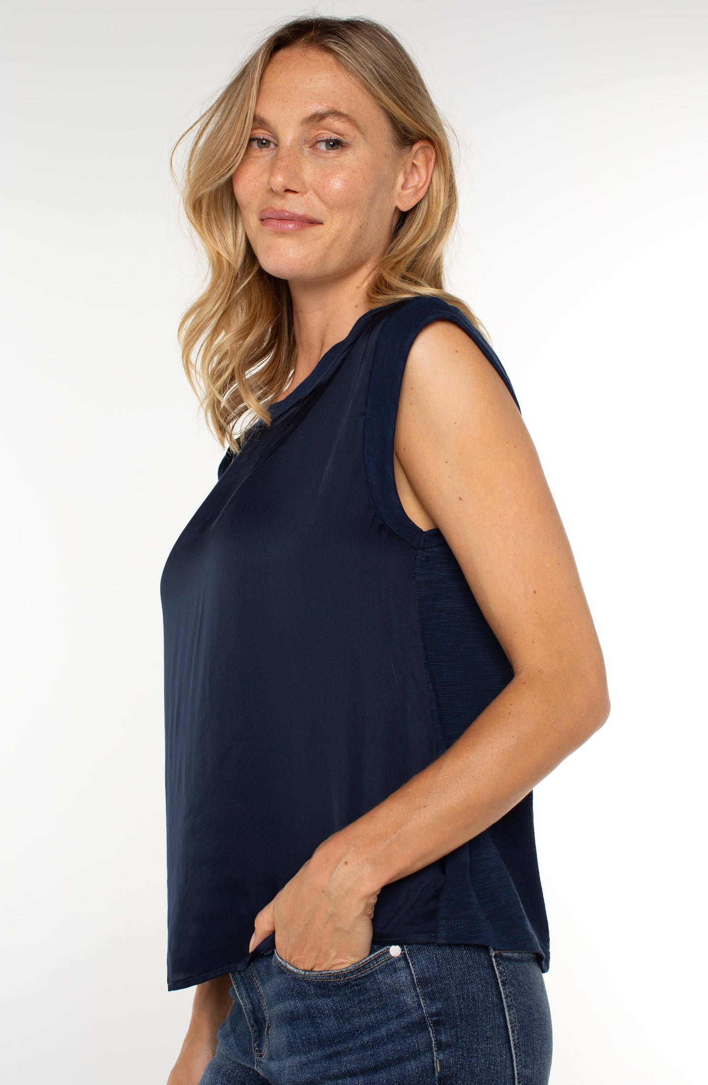 Liverpool Sleeveless Woven to Knit Top (Dark Navy)