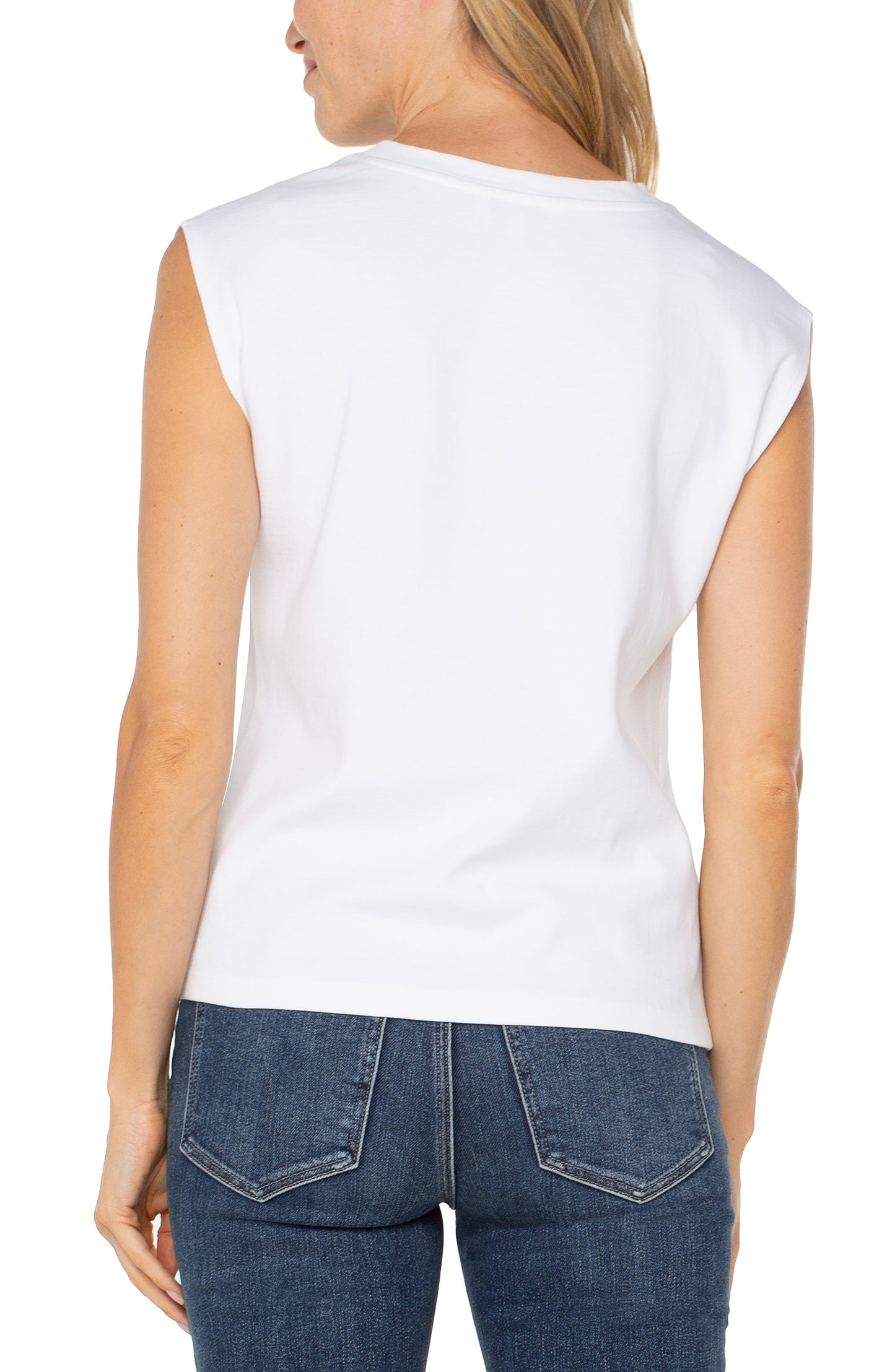 Liverpool Cap Sleeve V-neck Top with Embroidery (White)