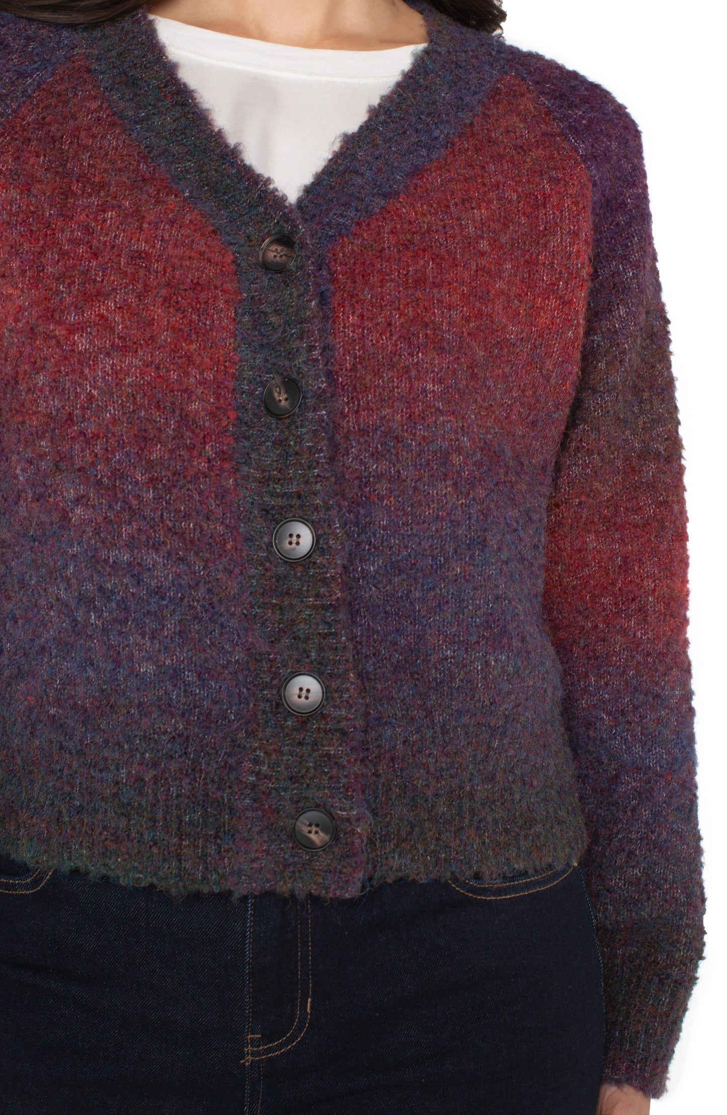 Liverpool Long Sleeve Raglan Button Front Cardigan Sweater (Berry Burgundy Ombre)