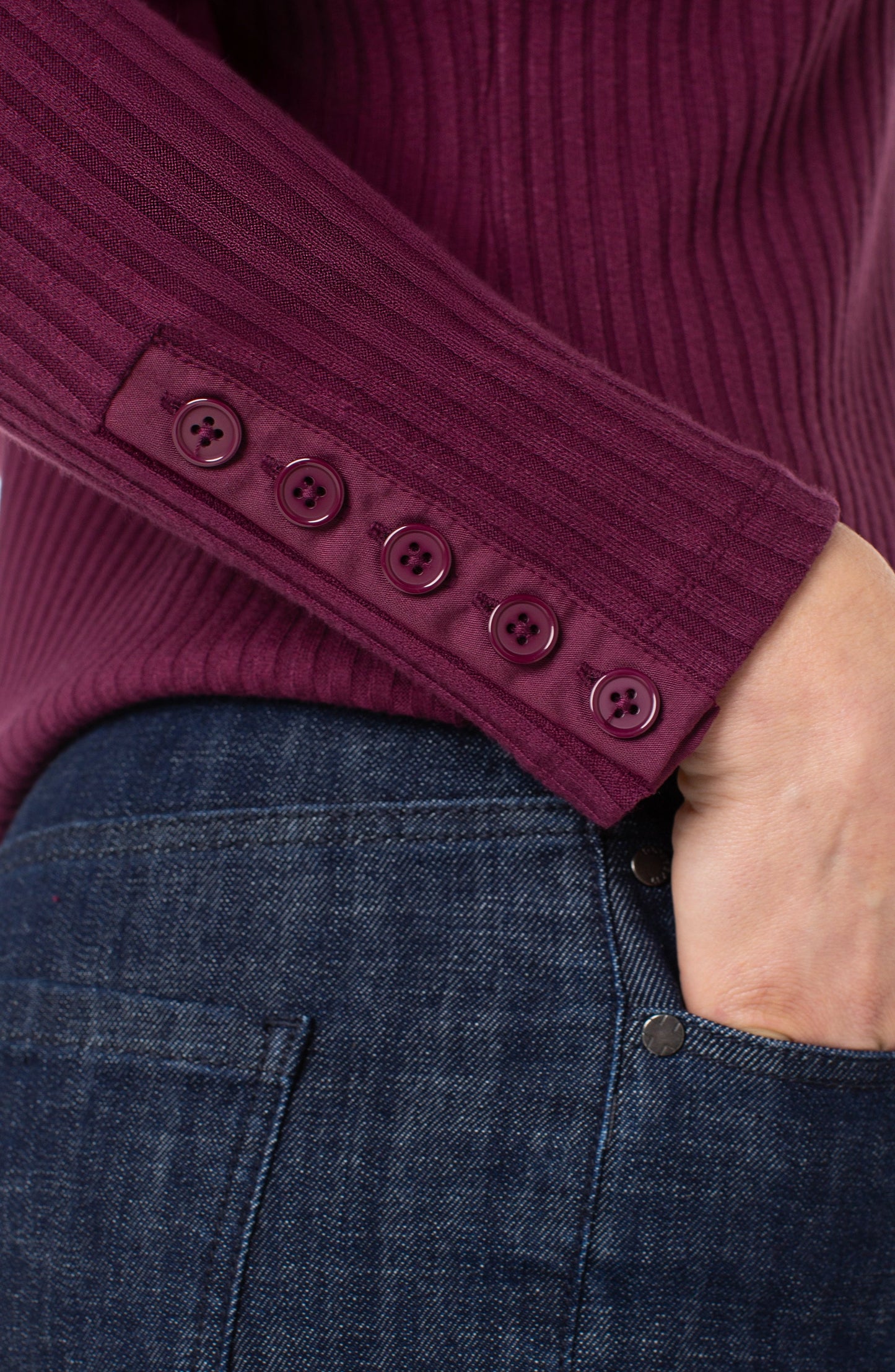 Liverpool Long Sleeve Mock Neck Knit Top W/ Button Detail (Wine Berry)
