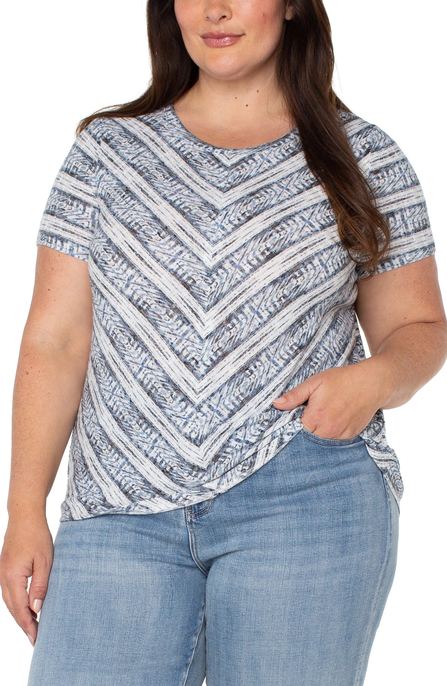 Liverpool Short Sleeve Scoop Neck Knit Top w/ Miter Front Plus Size Front Left Hand in Pocket