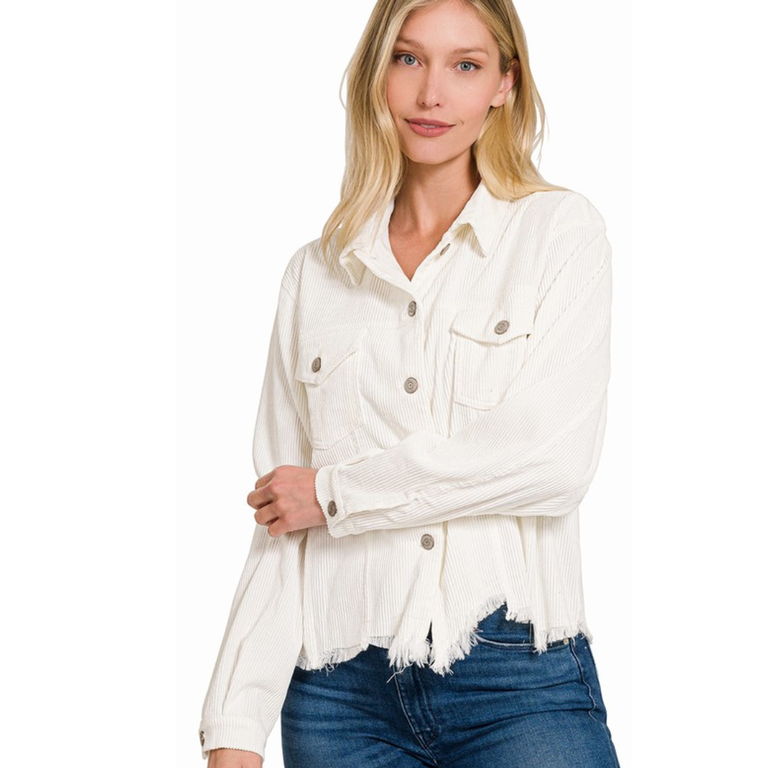 Distressed Corduroy Frayed Hem Cropped Jacket