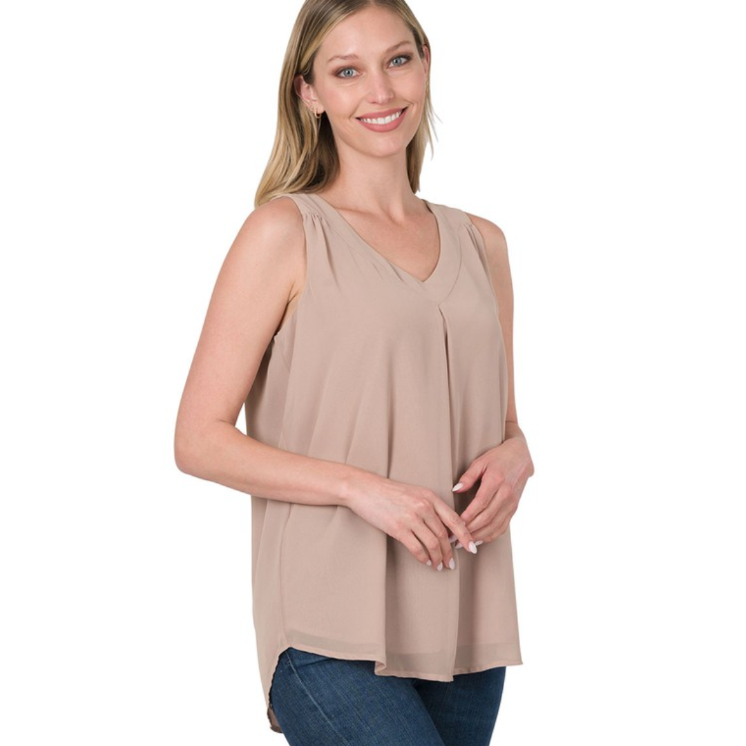 Chiffon Double Layer Sleeveless V-Neck Top (Ash Mocha)