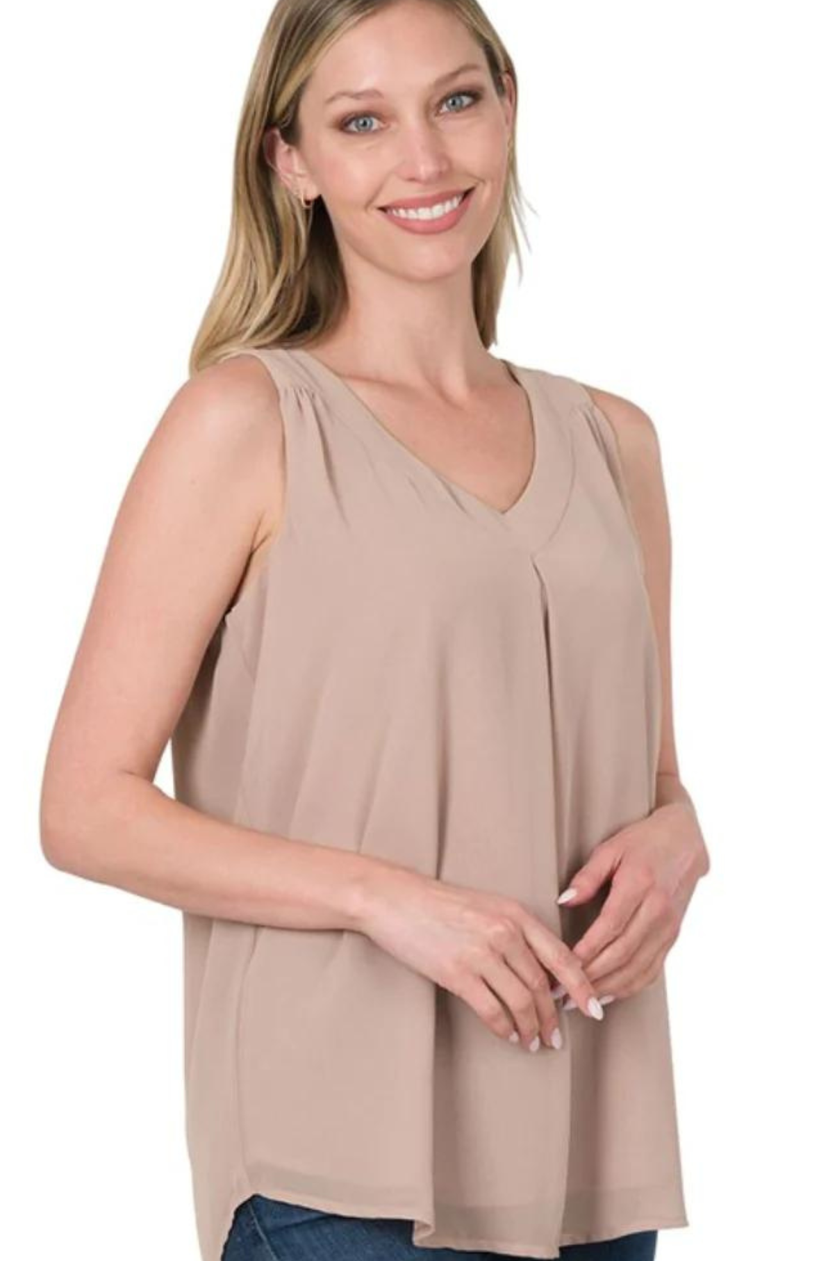 Chiffon Double Layer Sleeveless V-Neck Top (Ash Mocha)