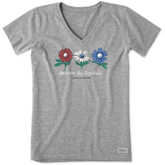 Life is Good Women's America the Beautiful Daisies Short Sleeve Vee (Heather Gray)