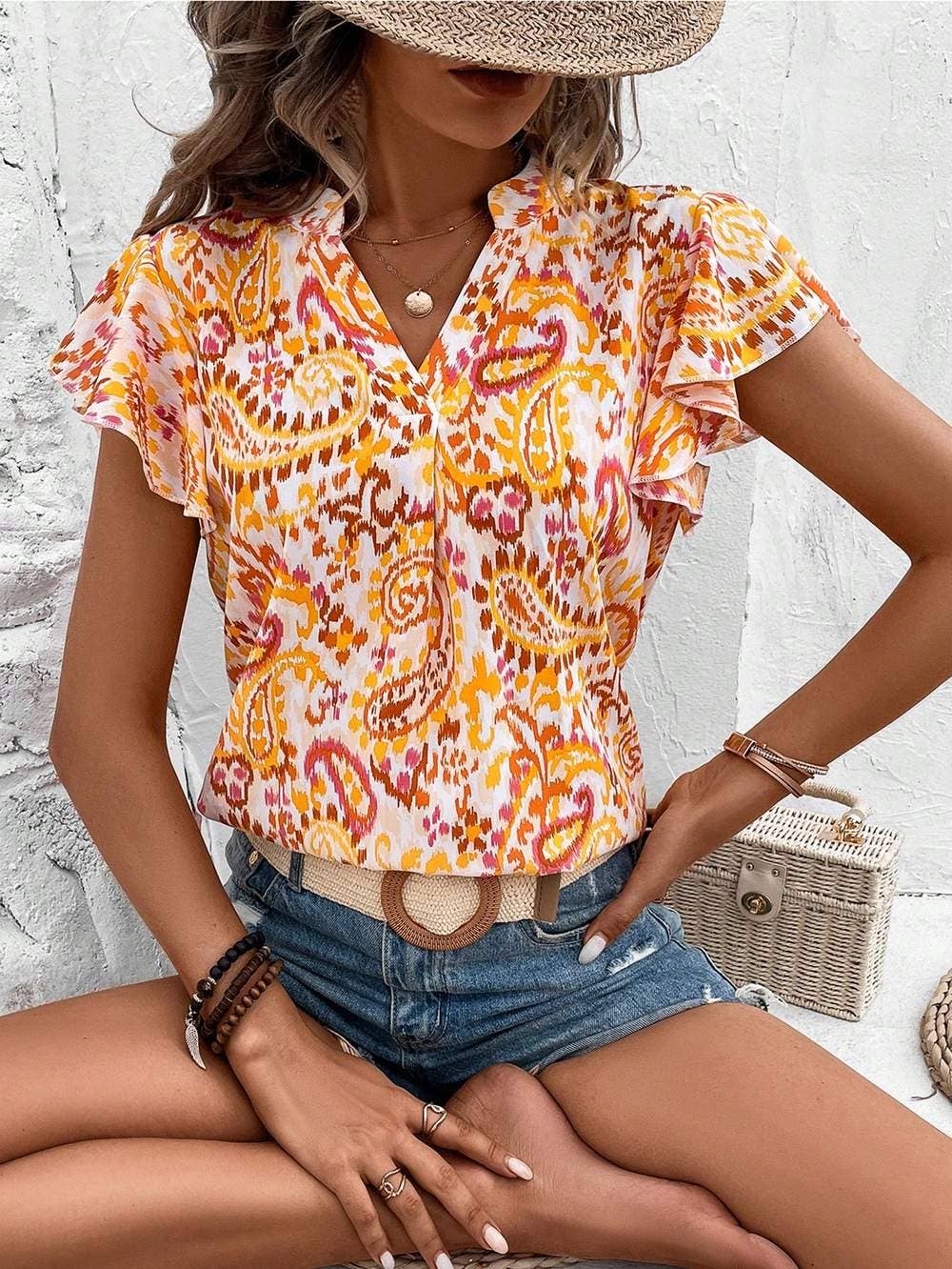 Vcay paisley print butterfly sleeve blouse