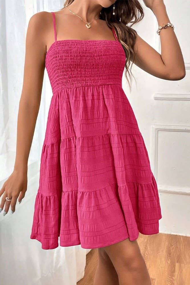 Spring & Summer Plain Textured Smocked Cami Dress