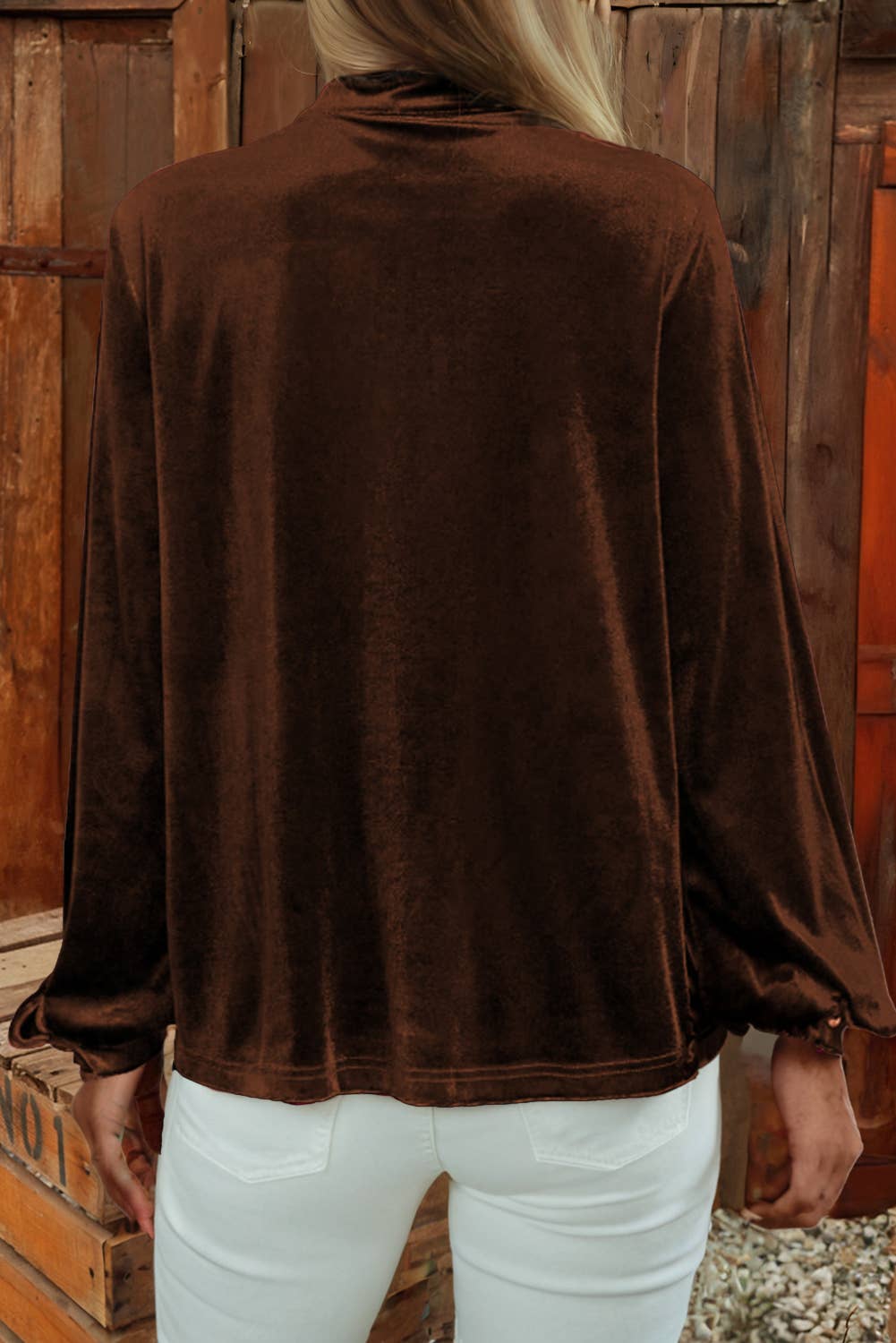 Asymmetric Button Keyhole Neck Long Sleeve Velvet Blouse