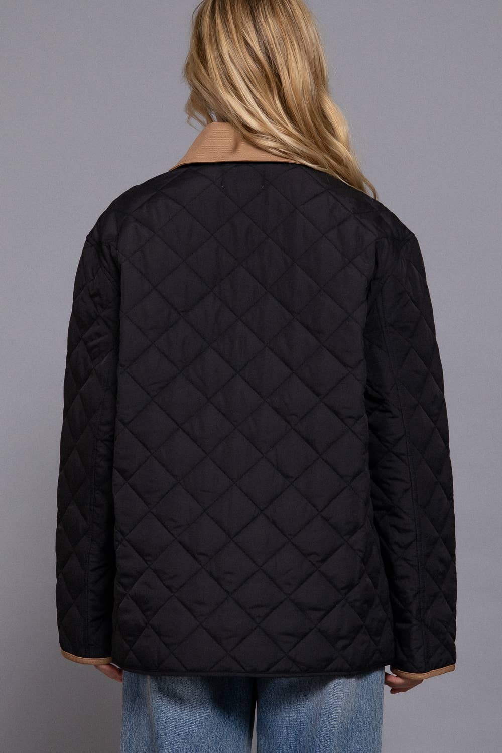 Long Sleeve Contrast Lapel Collar Quilted Puffer Work Jacket (red)