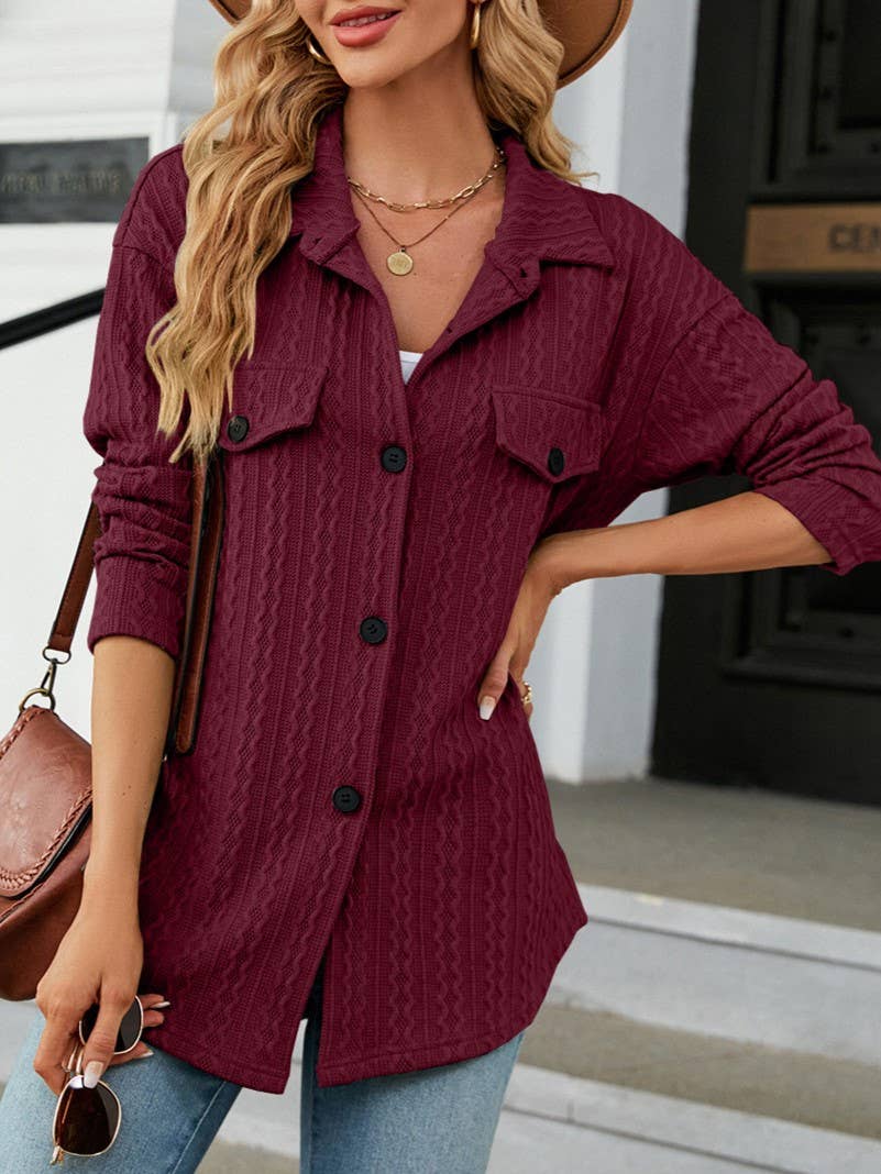 Jacquard Single-Breasted Long-Sleeved Shirt Jacket (black & wine)