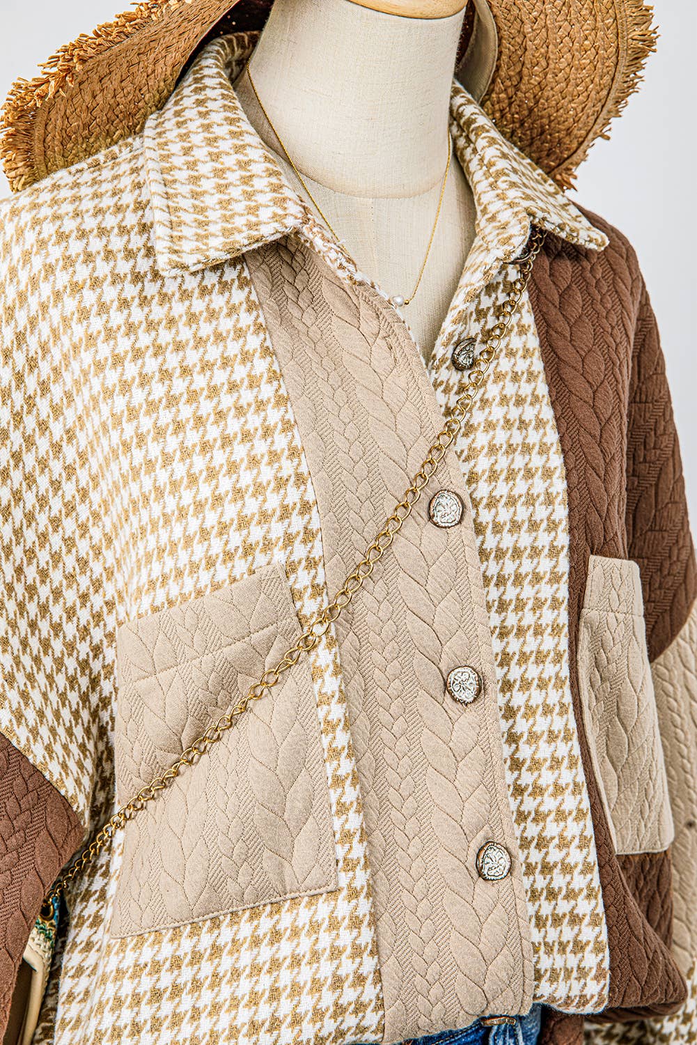 Houndstooth Contrast Texture Patchwork Loose Shacket