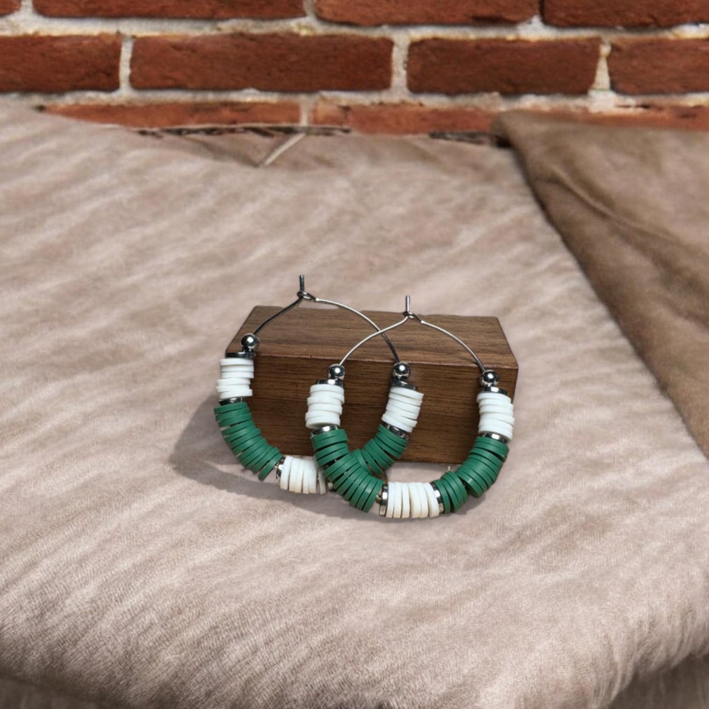 Green and White Game Day Hoop Earrings: 1 Inch / (2 by 2 or 5 by 5)