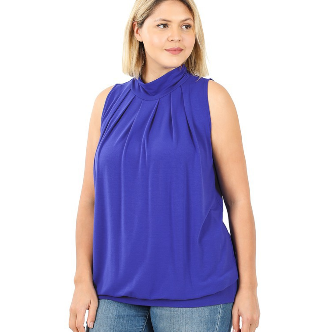 Sleeveless Mock Neck Pleated Top Plus Size (solid colors)