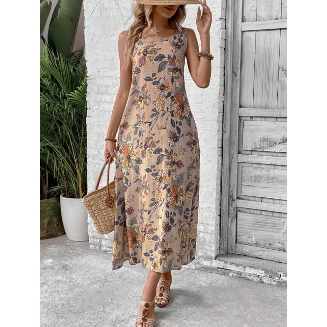 Summer Sleeveless Floral Print Round Neck Dress