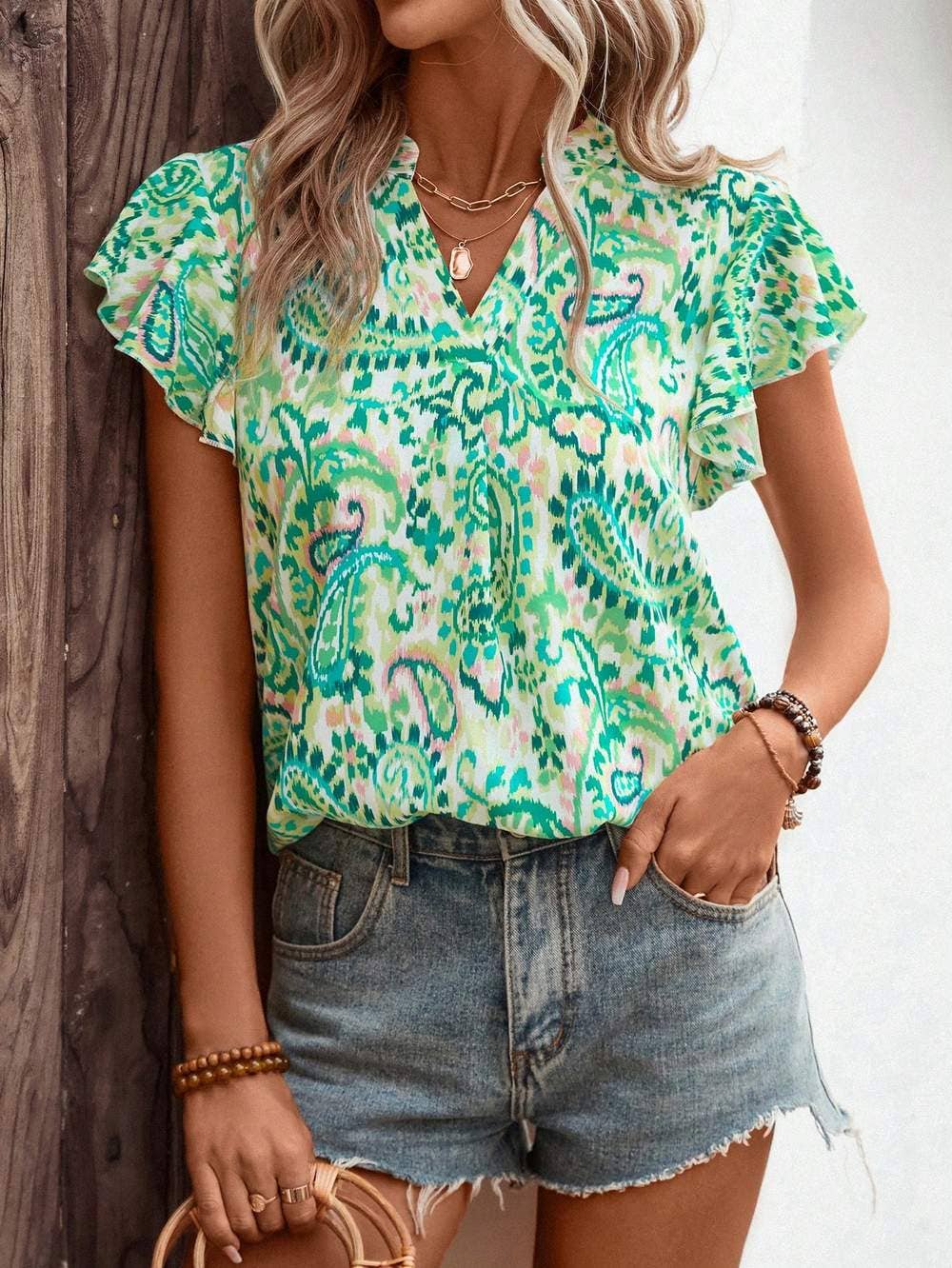 Vcay paisley print butterfly sleeve blouse