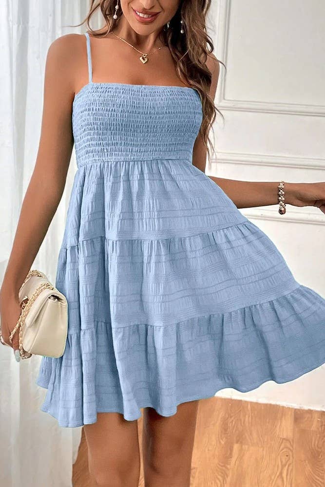 Spring & Summer Plain Textured Smocked Cami Dress