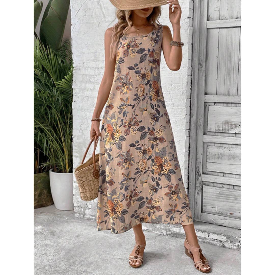 Summer Sleeveless Floral Print Round Neck Dress