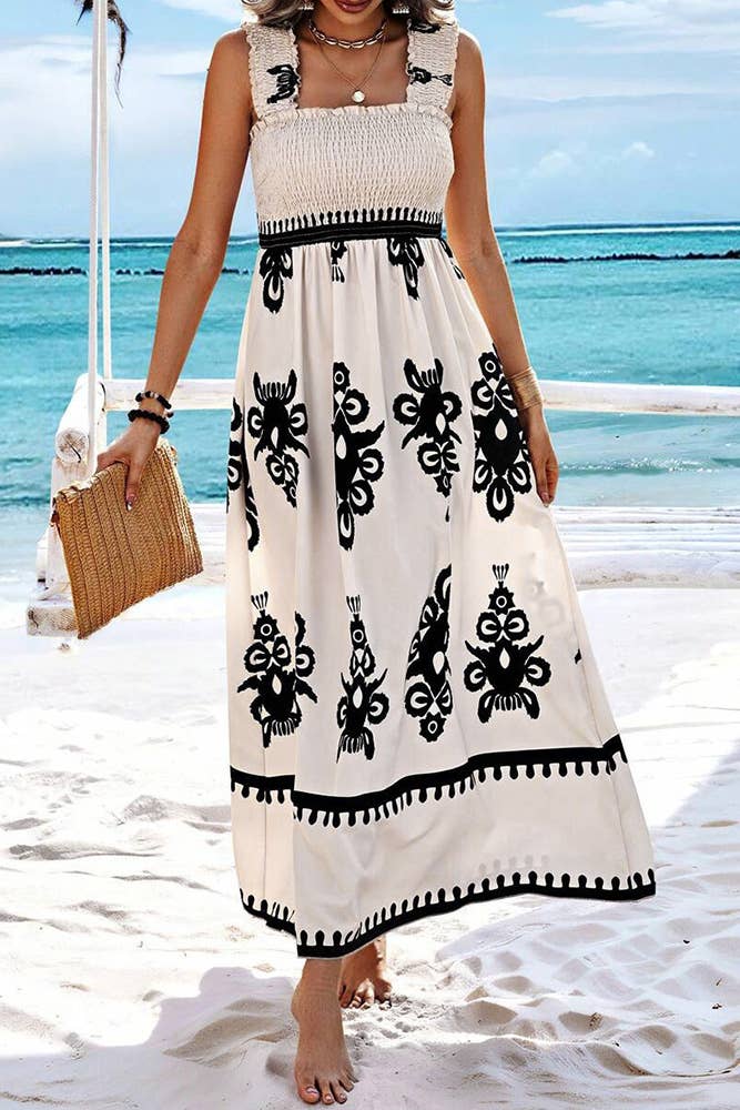 Beach Resort Style Printed Bandeau Maxi Dress (White & Navy)