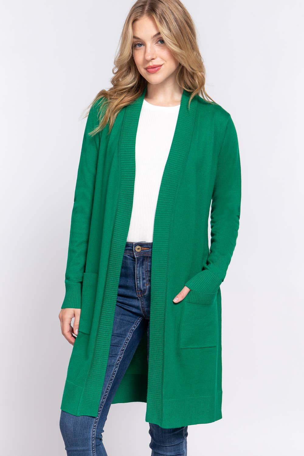 Long Sleeve Rib Banded Open Tunic Sweater Cardigan (teal blue)