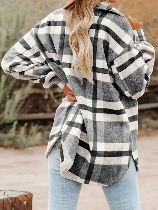 Plaid Button Flannel Shirt Jacket (black & white)