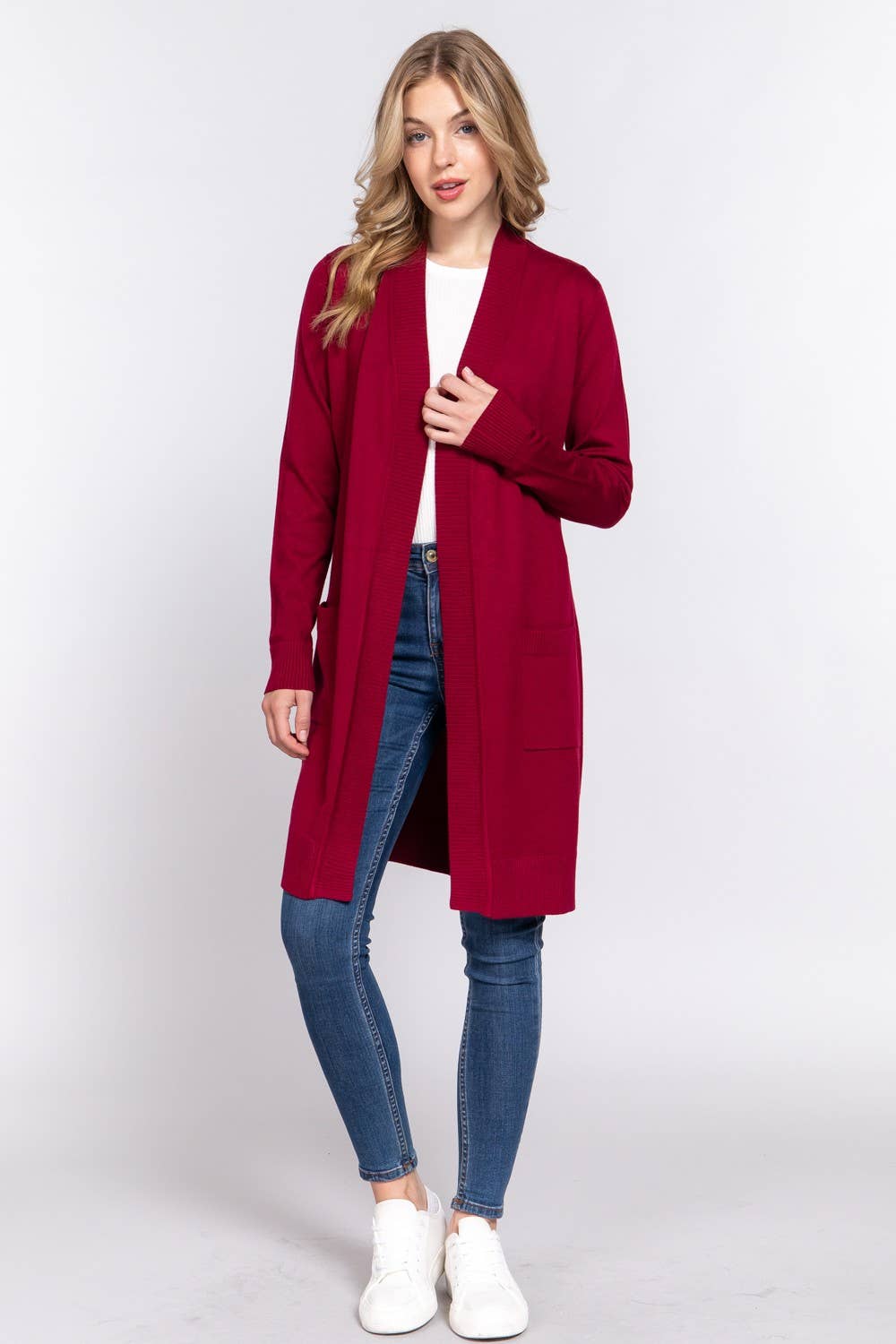 Long Sleeve Rib Banded Open Tunic Sweater Cardigan (teal blue)