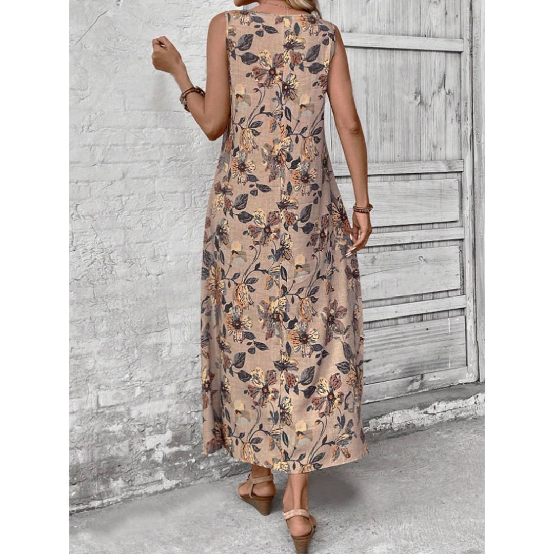 Summer Sleeveless Floral Print Round Neck Dress