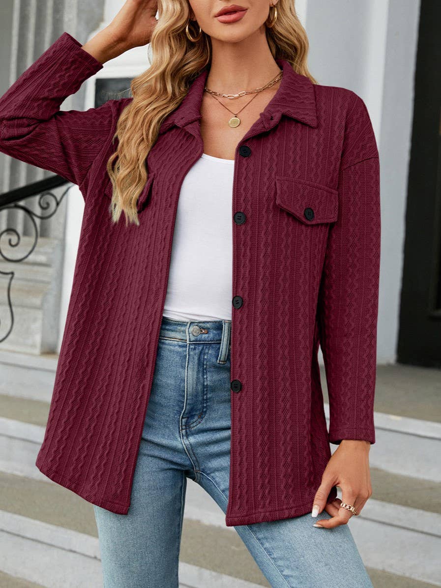 Jacquard Single-Breasted Long-Sleeved Shirt Jacket (black & wine)