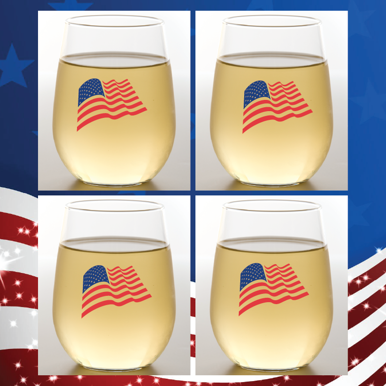 Four views of a wine glass with an American flag design filled with white wine.