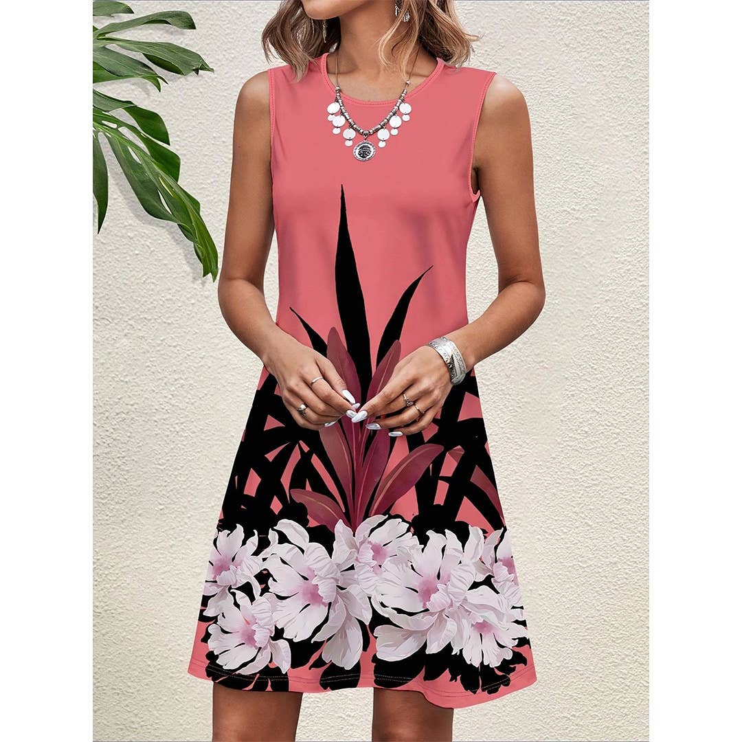 Spring Sleeveless Floral Print Round Neck Dress (Red)