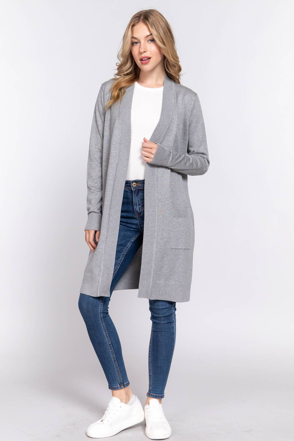 Long Sleeve Rib Banded Open Tunic Sweater Cardigan (teal blue)