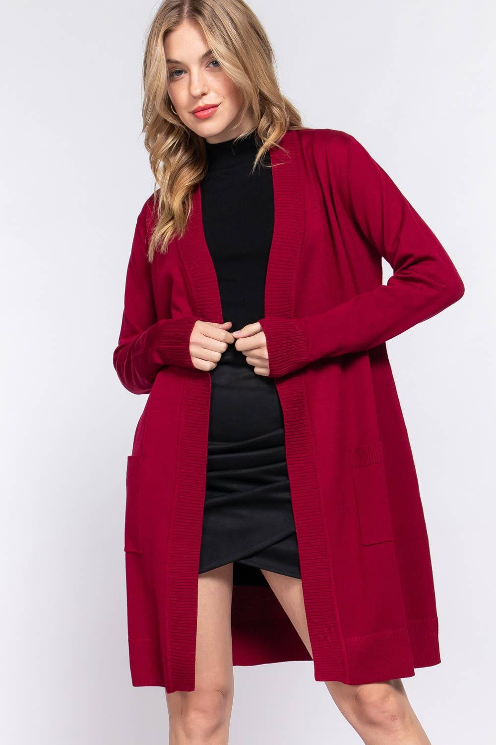 Long Sleeve Rib Banded Open Tunic Sweater Cardigan (teal blue)
