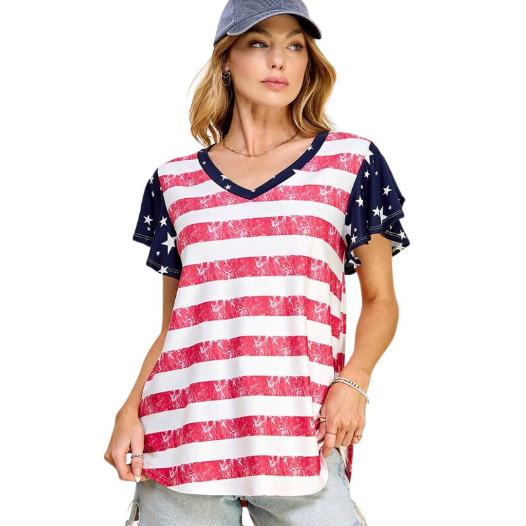 4th of July Ruffle Sleeve Top (Red)