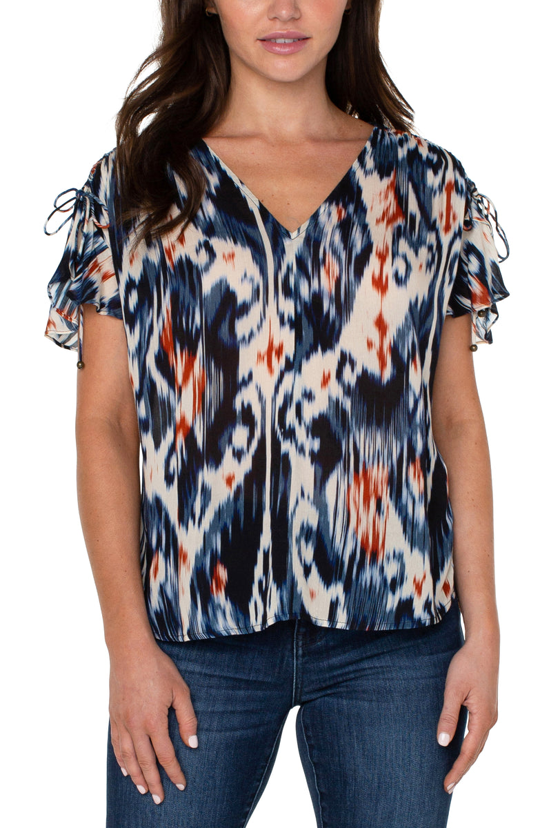 Liverpool's Shirred V-Neck Dolman Top with Tie Details (Allover Ikat)