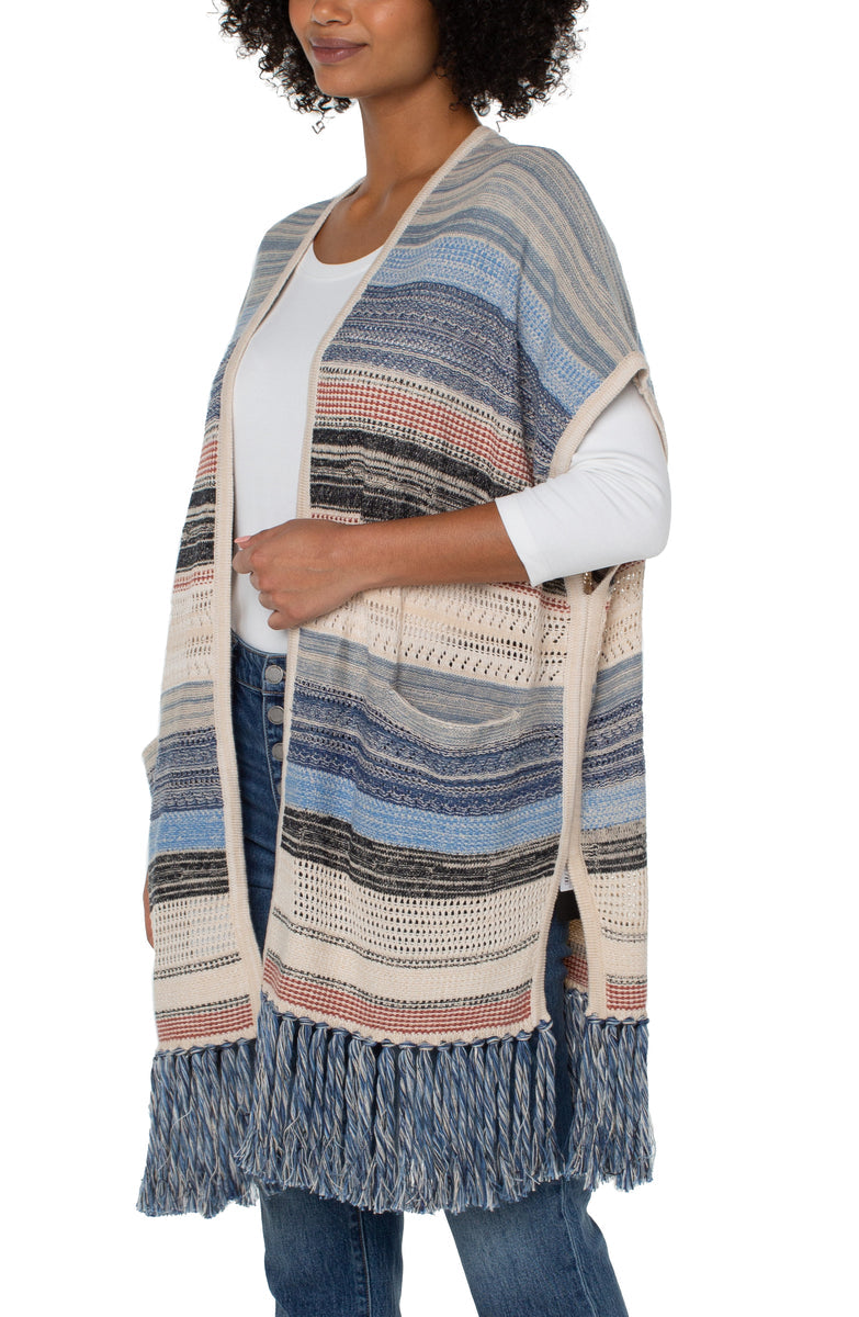 Liverpool Sleeveless Cardigan Sweater w/Fringe (Blue Multi)