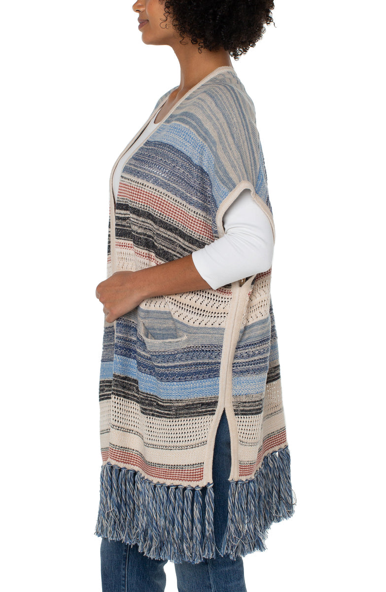 Liverpool Sleeveless Cardigan Sweater w/Fringe (Blue Multi)