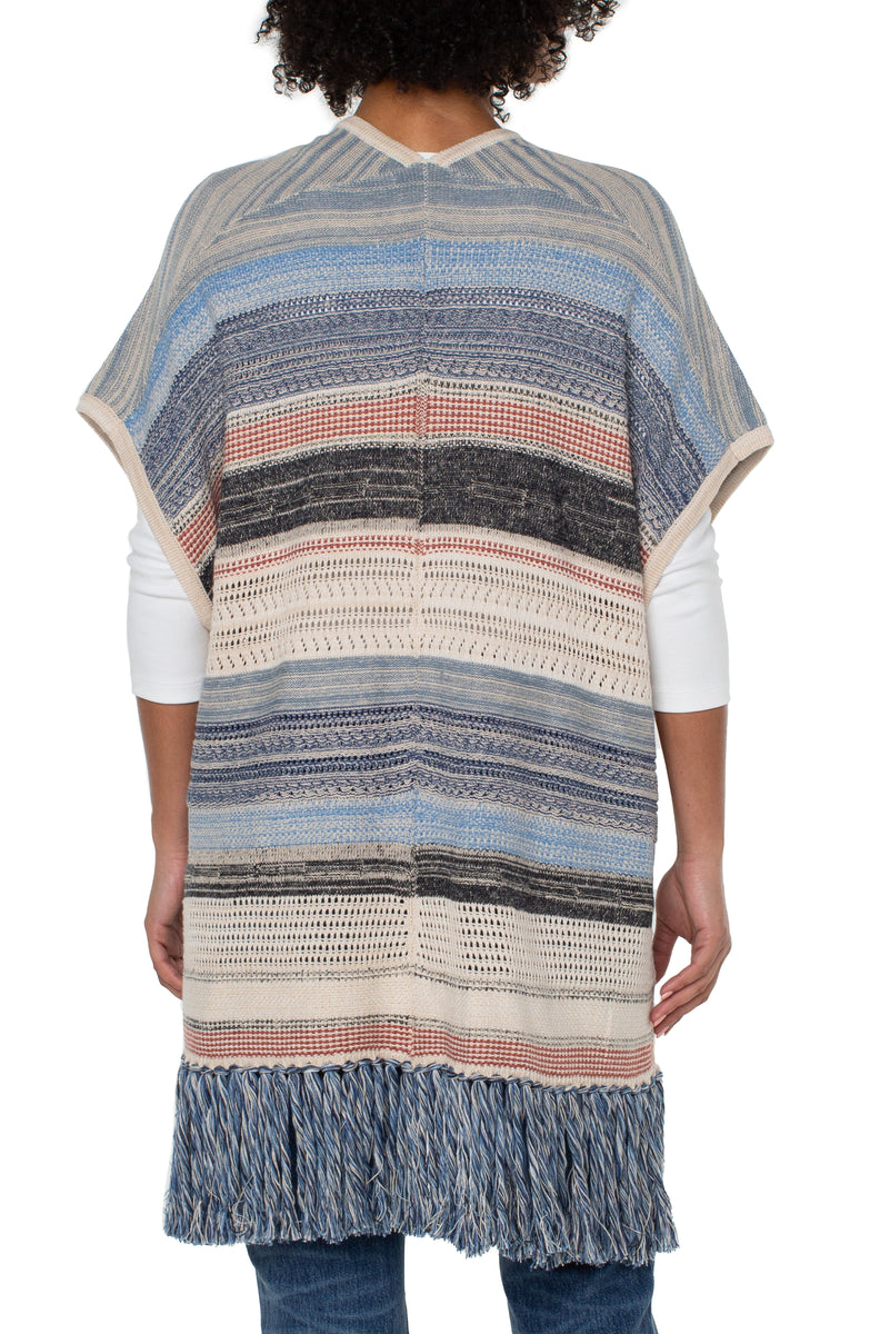 Liverpool Sleeveless Cardigan Sweater w/Fringe (Blue Multi)