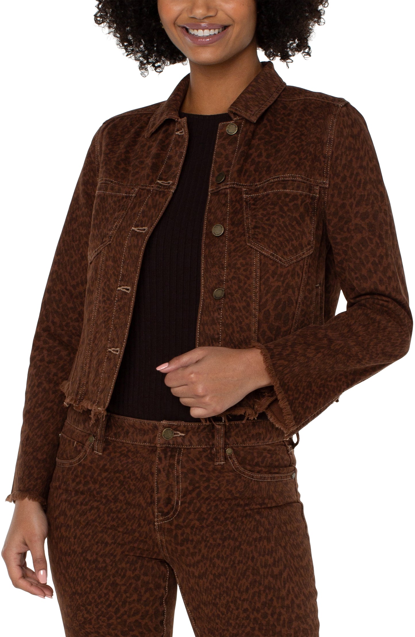Liverpool Printed Cropped Jacket w/Fray Hem (Abstract Animal Print)