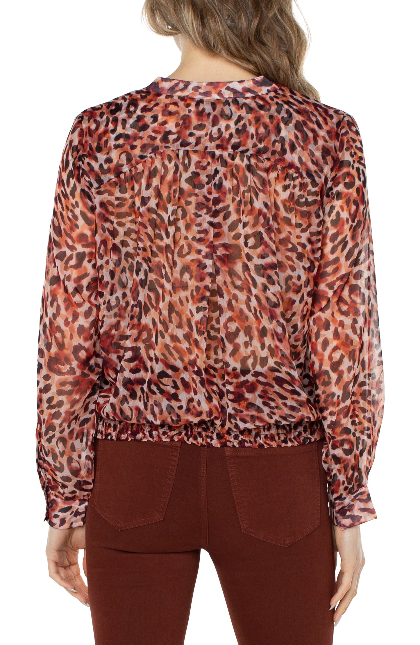 Liverpool Long Sleeve Woven Blouse w/Smocked Waistband (Watercolor Cheetah)