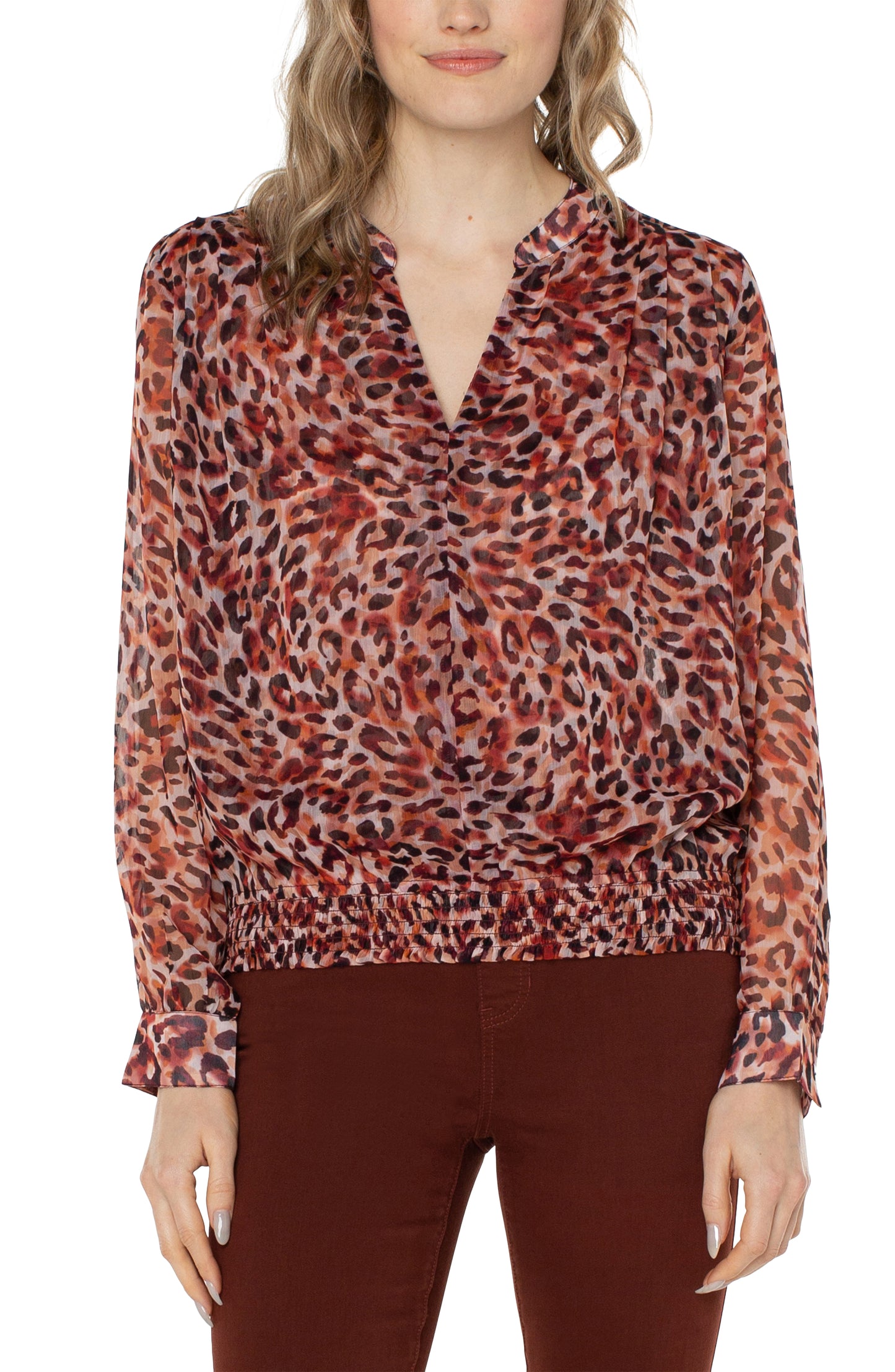 Liverpool Long Sleeve Woven Blouse w/Smocked Waistband (Watercolor Cheetah)