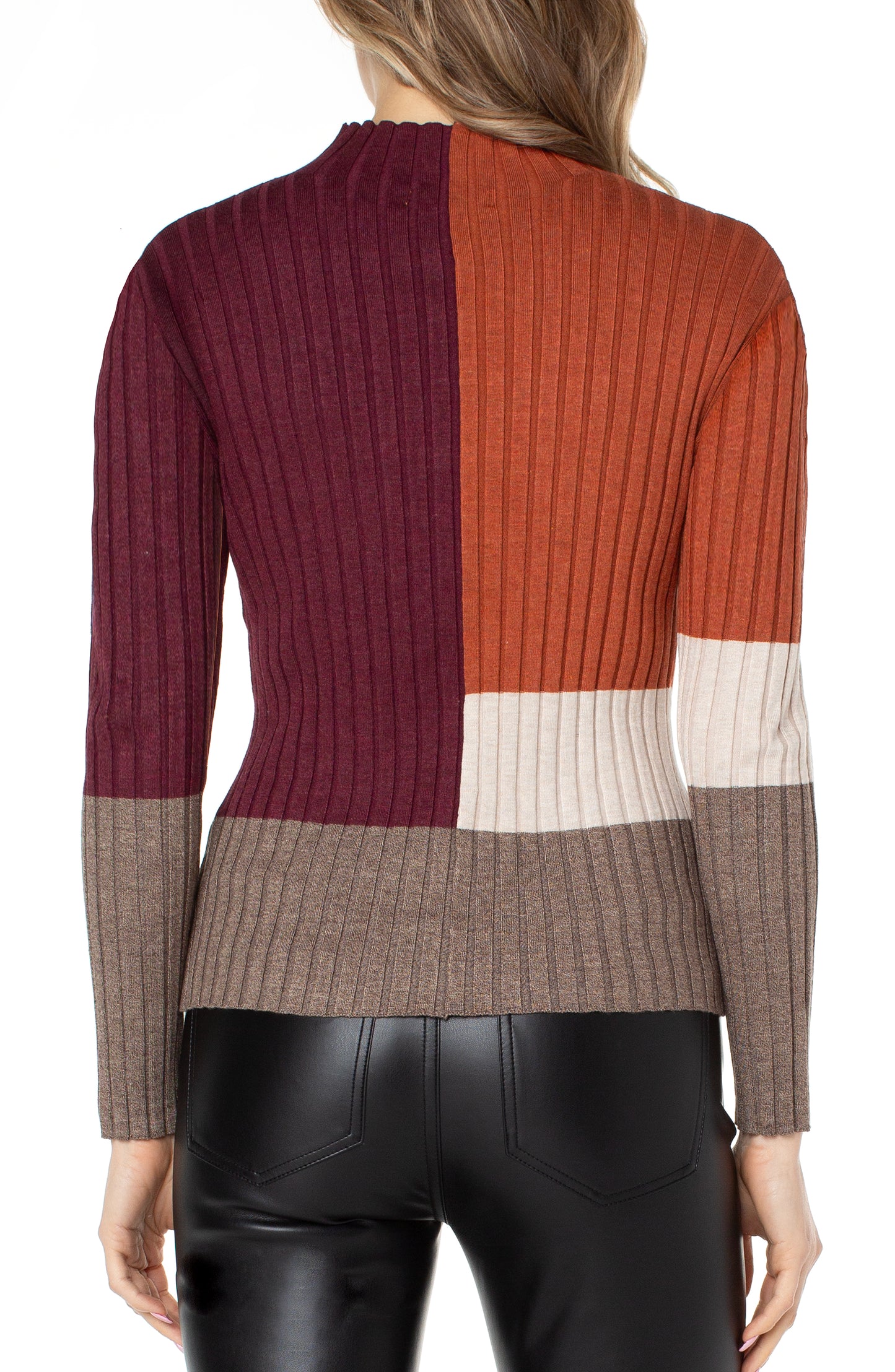 Liverpool Mock Neck Pullover Sweater w/Colorblock (Burgundy/Rust Colorblock)